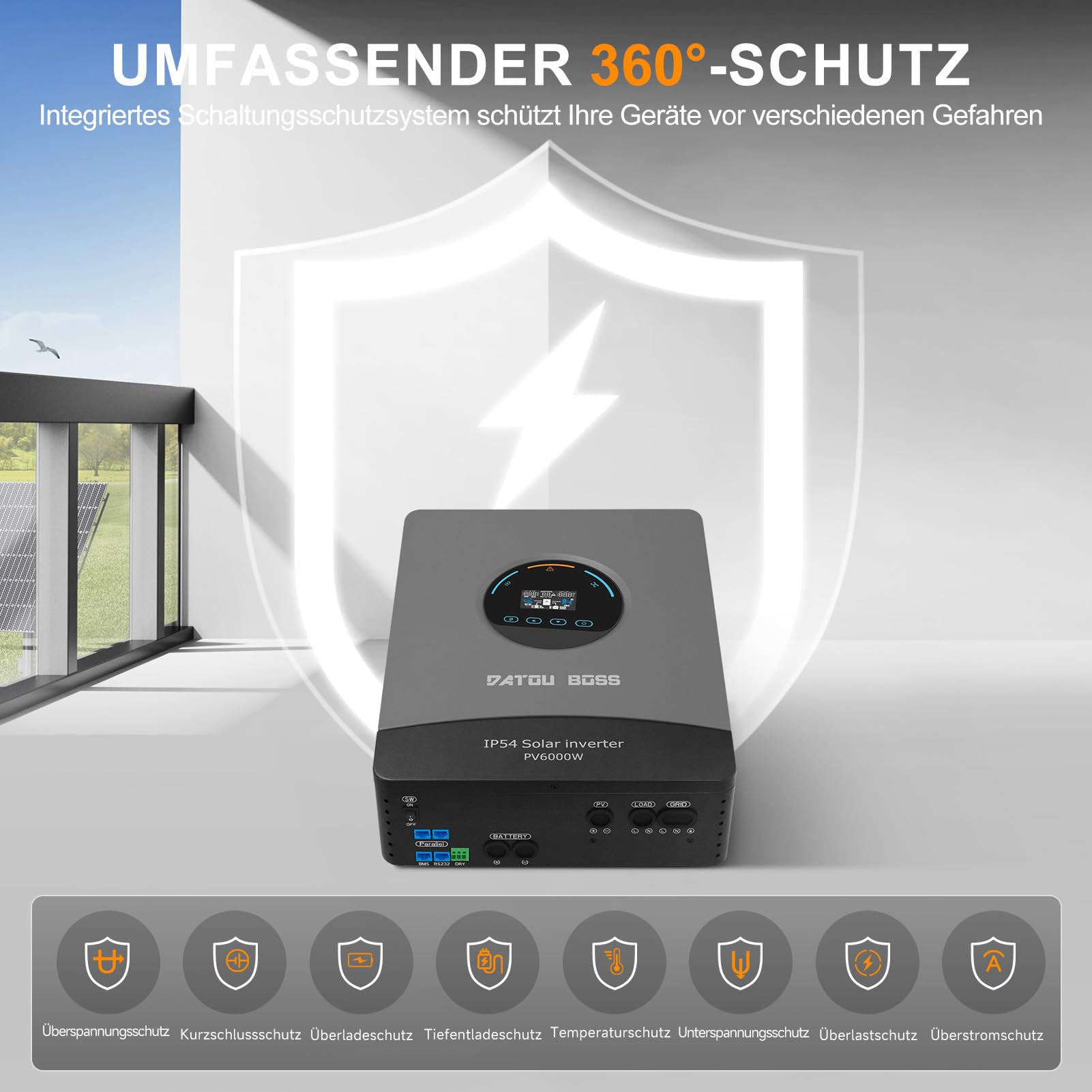 DATOUBOSS 6000W Hybrid Solar Wechselrichter 48V, Reiner Sinus, integrierter 120A MPPT, Blitz- und Wasserschutz, batterieloser Start, für Off-Grid Solarstrom (48V 6000W)