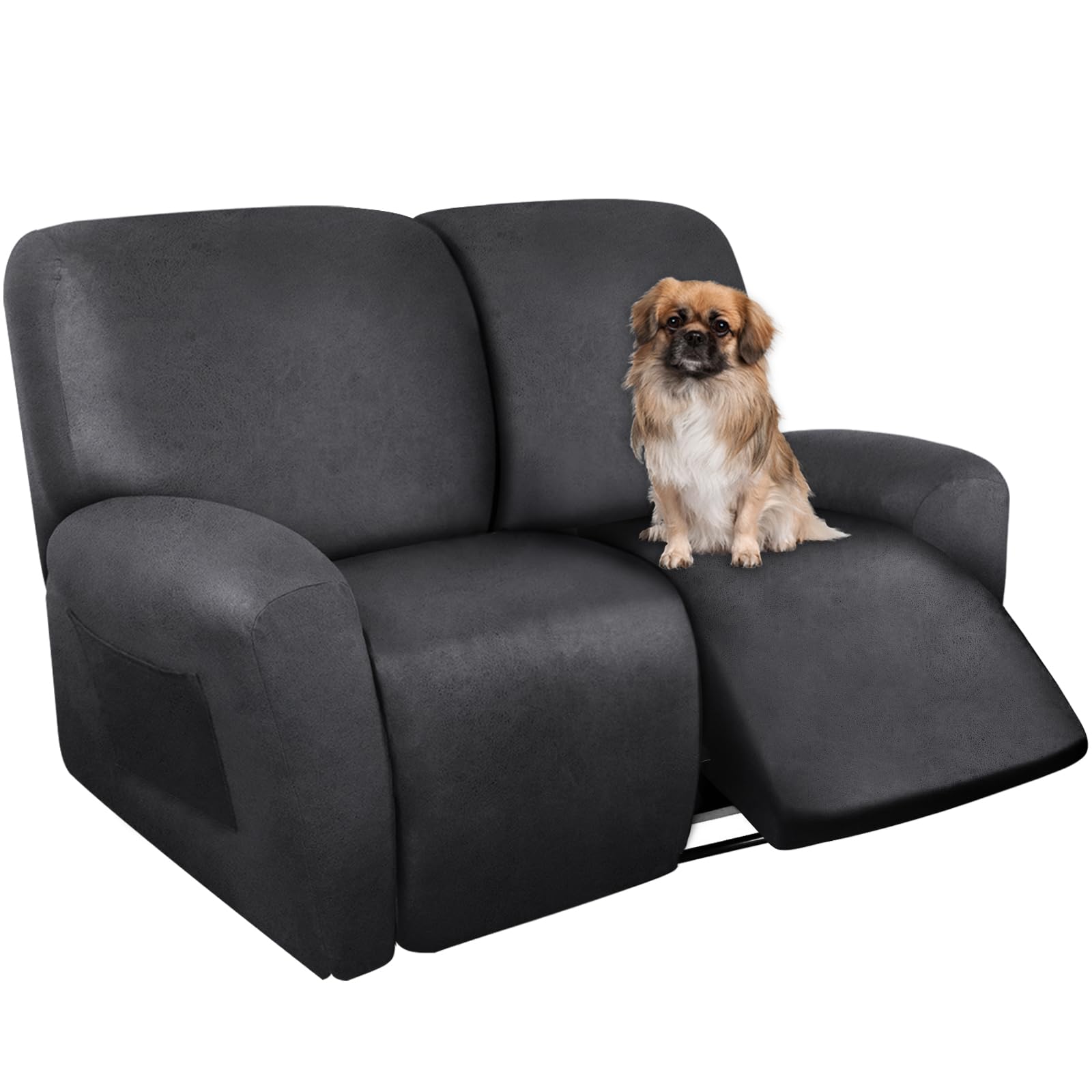ANARACHON Loveseat Recliner Cover Leather Look Recliner Loveseat Covers Recliner Sofa Cover for 2 Seater Reclining Couch Spandex Fabric Washable 6 Pieces (2 Seater, 01 Dark Gray)