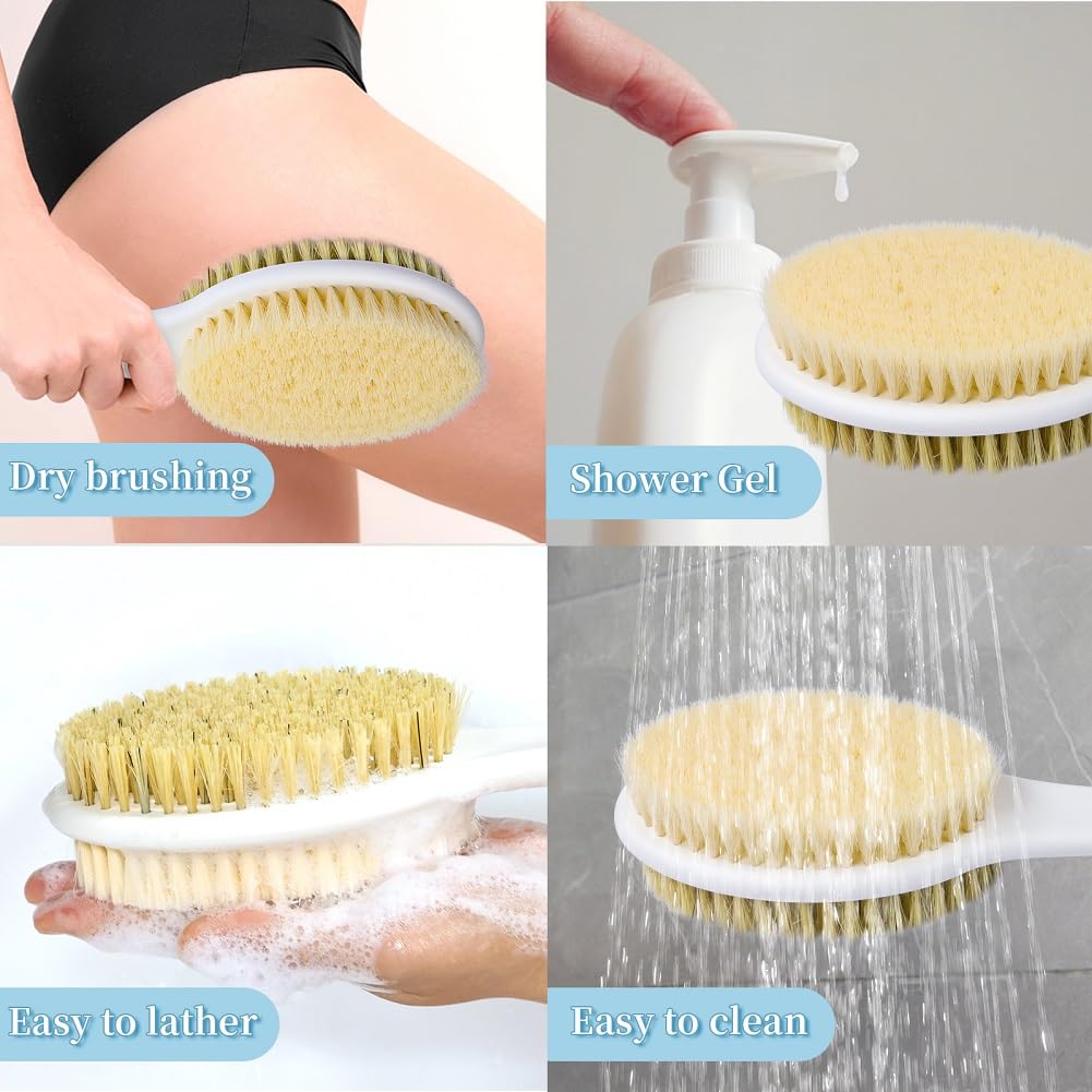 HORJOR Brosse de Bain Douche Long Manche 44cm, pour le Brossage Du Dos Humide ou Sec, Brosse Corps, Nettoyage en profondeur, Exfoliation douce, Peau radieuse