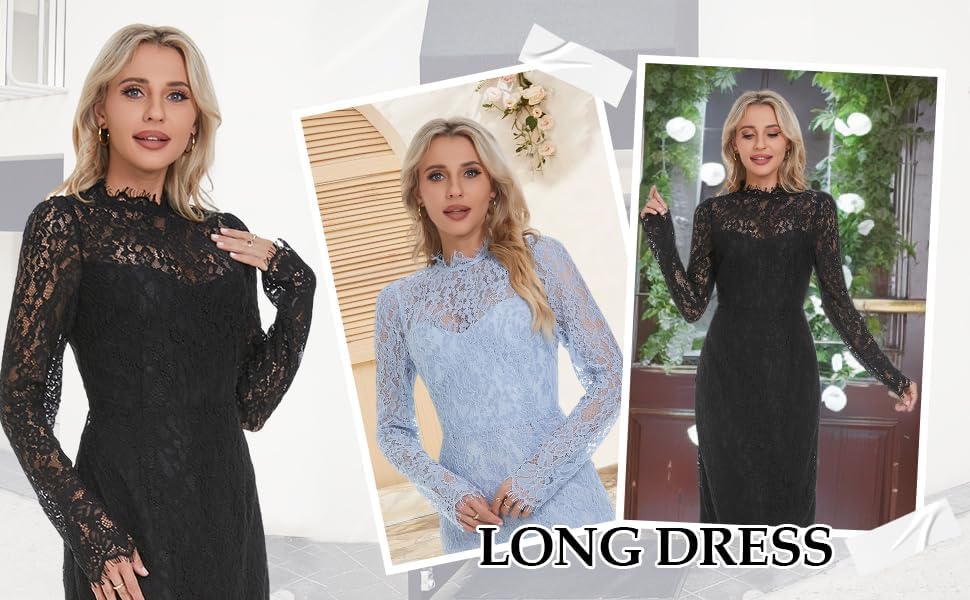Image of Women's Long Sleeve Lace Floral Wedding Guests Dress Elegant Cocktail Ocassion Party Midi Dress