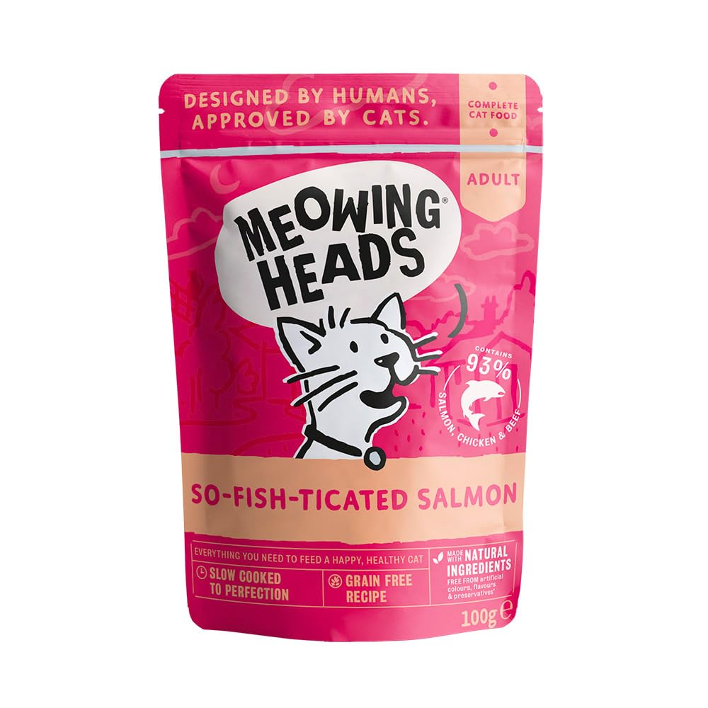 Meowing Heads Wet Adult Cat Food, Salmon, 10x100g Pouches, Grain-Free