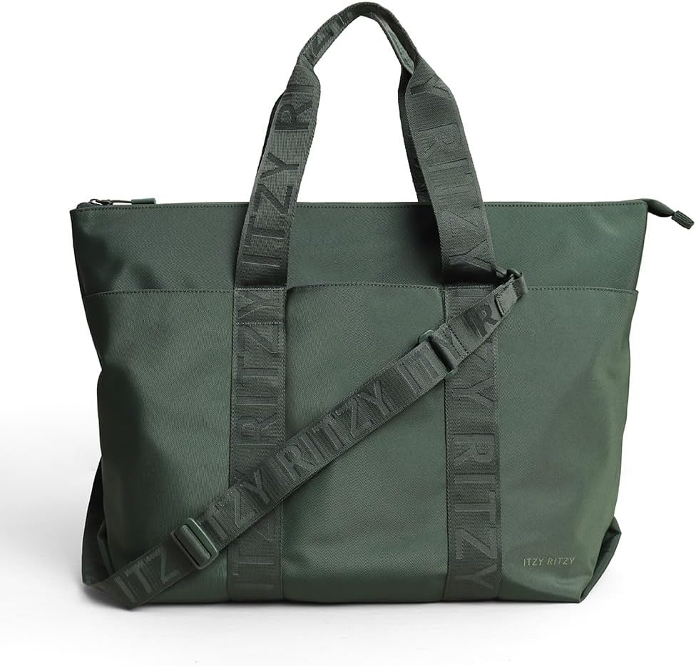 Itzy Ritzy Diaper Bag Tote – Lightweight Belong All-in-Tote Weekender Bag with 10 Pockets, Removable & Adjustable Crossbody Strap, Stroller Straps & Trolley Sleeve – For Daily Use or Travel (Green)