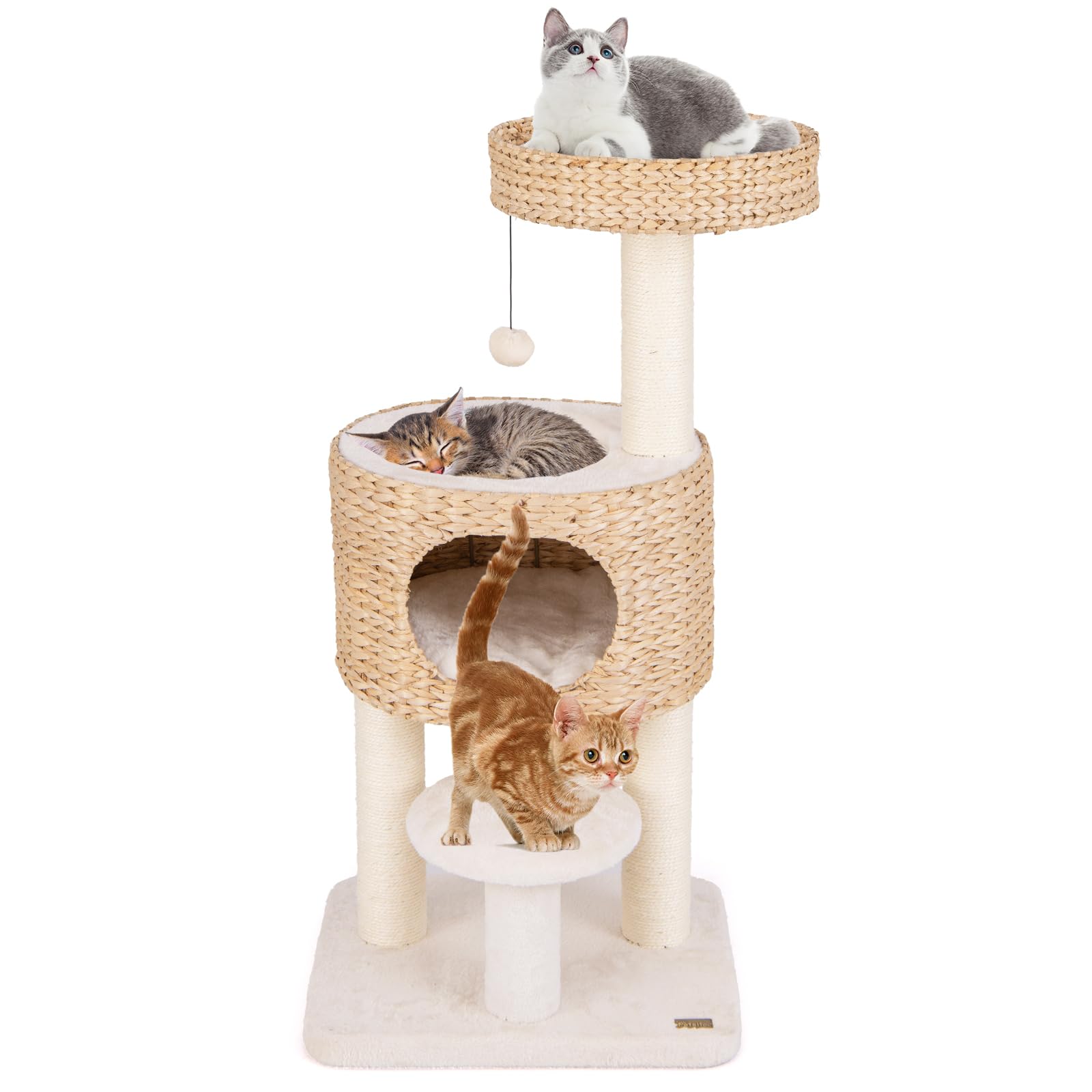 GYMAX Cat Tree, Modern Cat Tower with Top Perch, Hand-Made Wicker Cat Condo, Sisal Scratching Posts, Hanging Toy, Bed, Removable Cushion, Kitty Activity Center for Indoor Cats