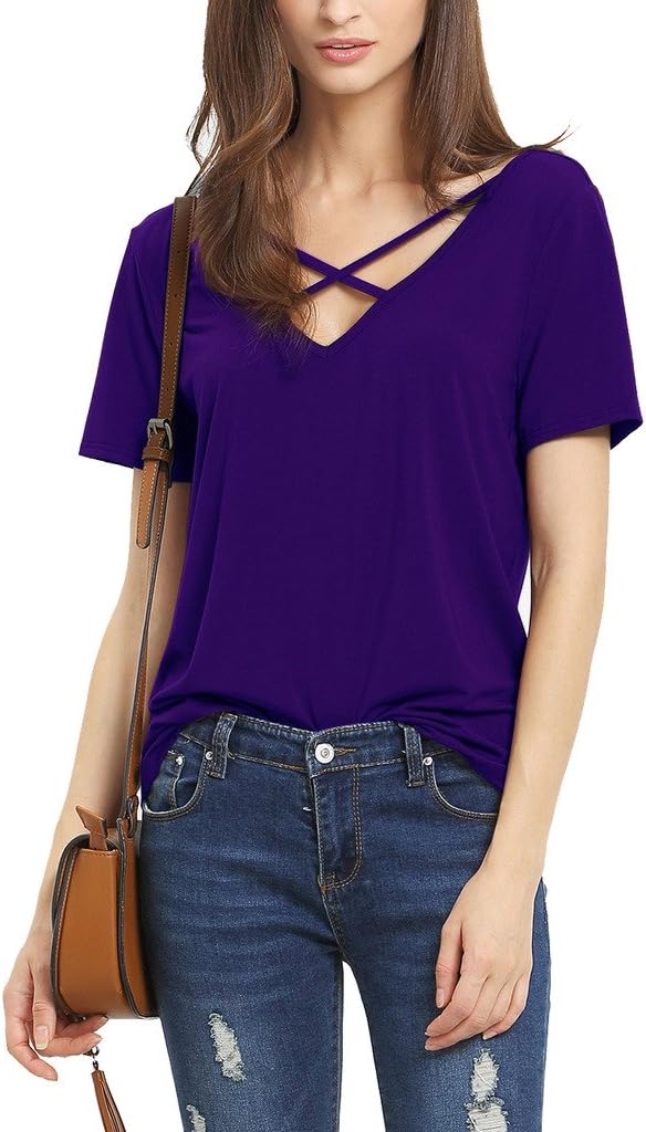 YunJey Women's Summer Cross Front Tops Deep V Neck Casual Teen Girls Tees T Shirts