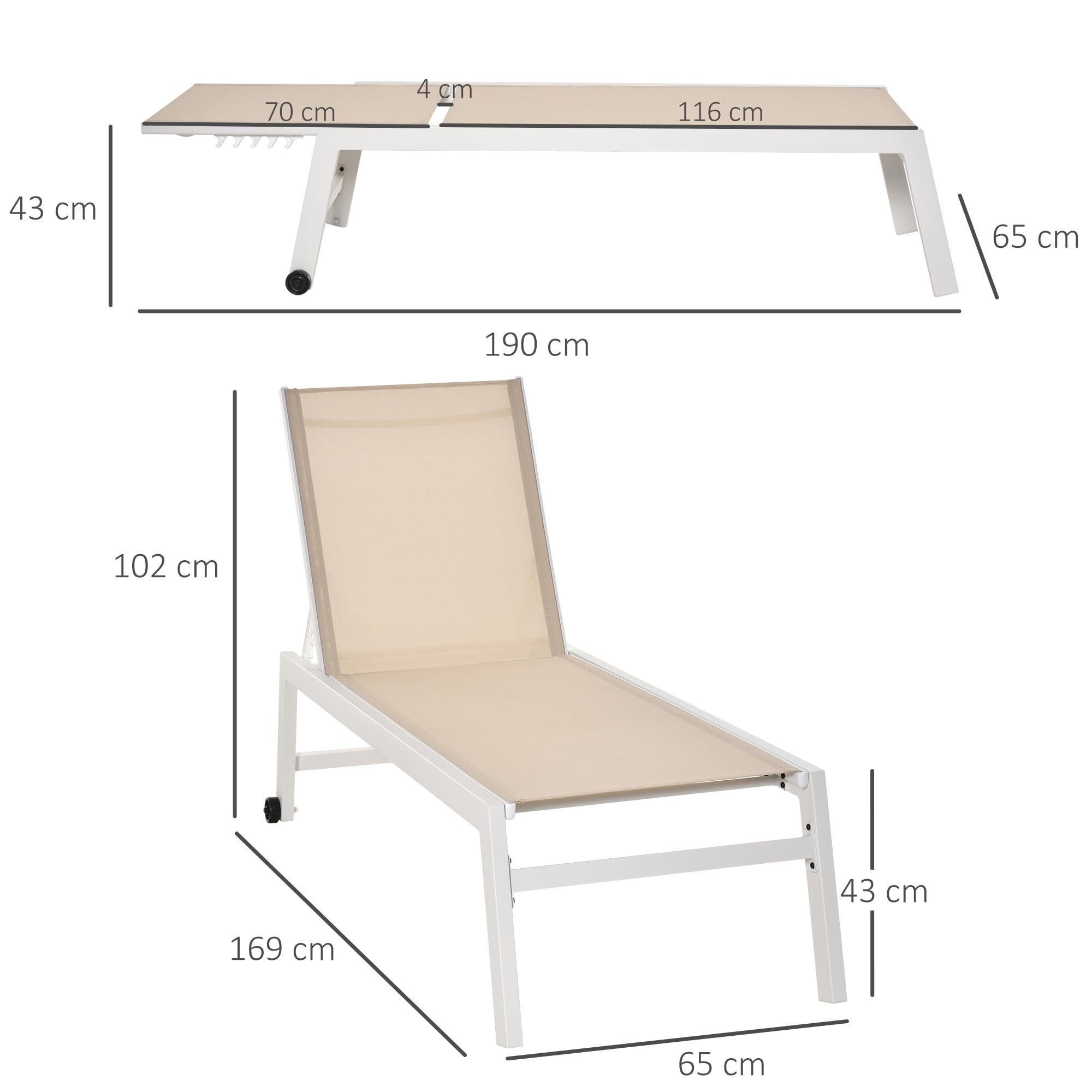 Outsunny Tumbona de Jardín de Aluminio Tumbona Exterior con Respaldo Reclinable en 5 Posiciones Ruedas Carga 120 kg para Patio Terraza 169x65x102 cm Caqui