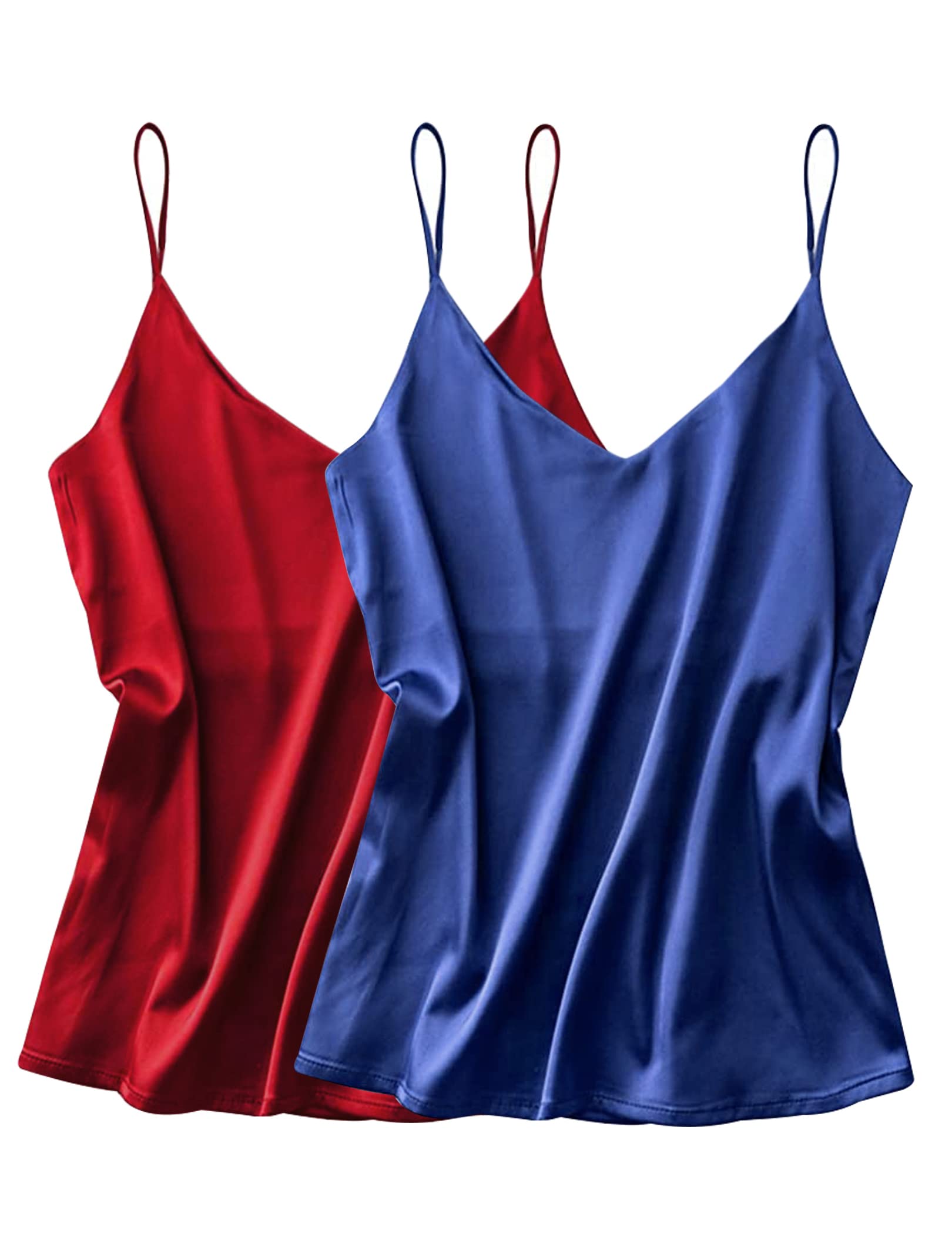 Ekouaer 2 Stück Damen Satin Tank Top Trägertop Seide Unterhemden Cami Camisole Spaghettiträger V-Ausschnitt Basic Tanks Verstellbarer Strap S-XXL