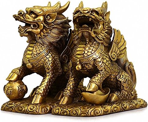Miniatura 4 de Feng Shui - Juego de dos estatuas de prosperidad de latón dorado Chi LinKylin, decoración del hogar, atrae riqueza y buena suerte