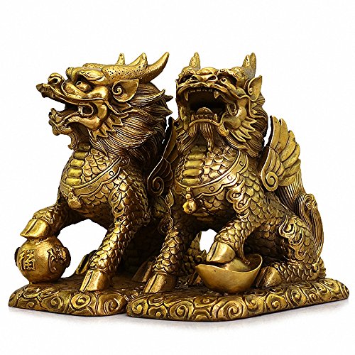 Feng Shui Set Of Two Golden Brass Chi Lin/Kylin Wealth Prosperity Statue + Set Of 10 Lucky Charm Ancient Coins On Red String , Home Decoration Attract Wealth And Good Luck (2.3"L X 1"W X 2.5"H) #TOP3