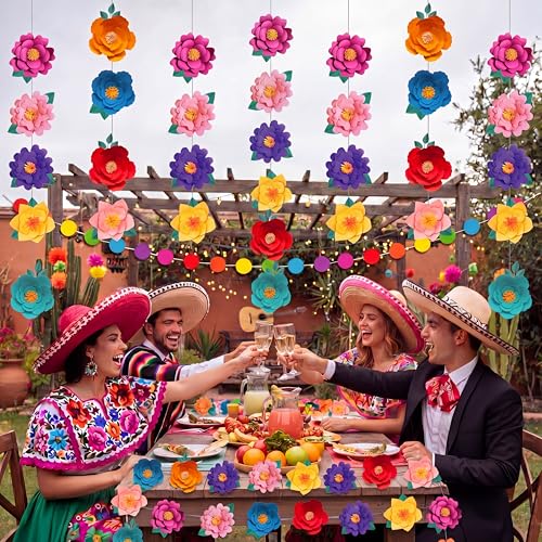 Image of Spakon 8 Pcs Mexican Paper Flower Decorations Mexican Fiesta Garlands Cinco de Mayo Flat Floral Hanging Banner Cutouts for Birthday Decorations Baby Shower Cinco De Mayo Party Decor