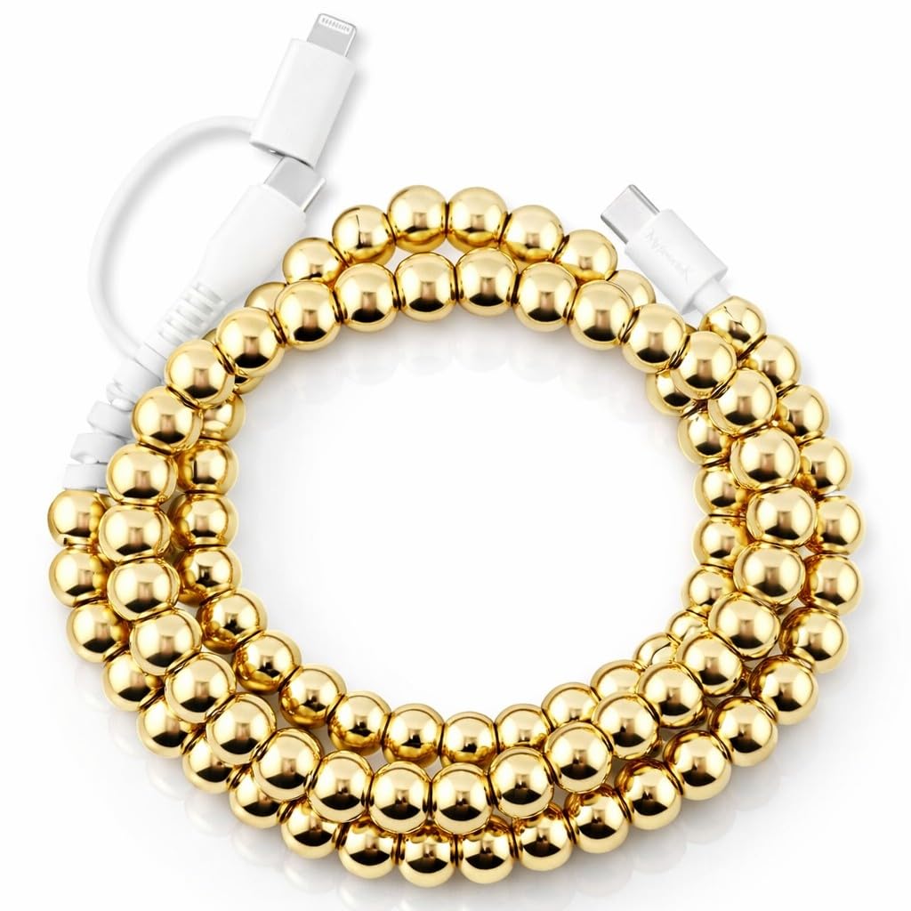 Cute Beaded Phone Charger Metallic Colors 2-in-1 USB-C to USB-C/iOS iPhone Charging Cable Colorful 3.3ft Cord for Smartphones (Gold)