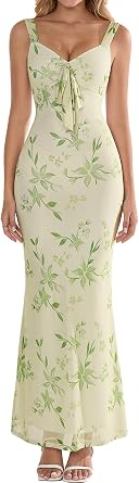 EYNMIN Floral Maxi Wedding Guest Dresses for Women 2026 Summer V Neck Bow Tie Bodycon Mesh Formal Cocktail Long Dress