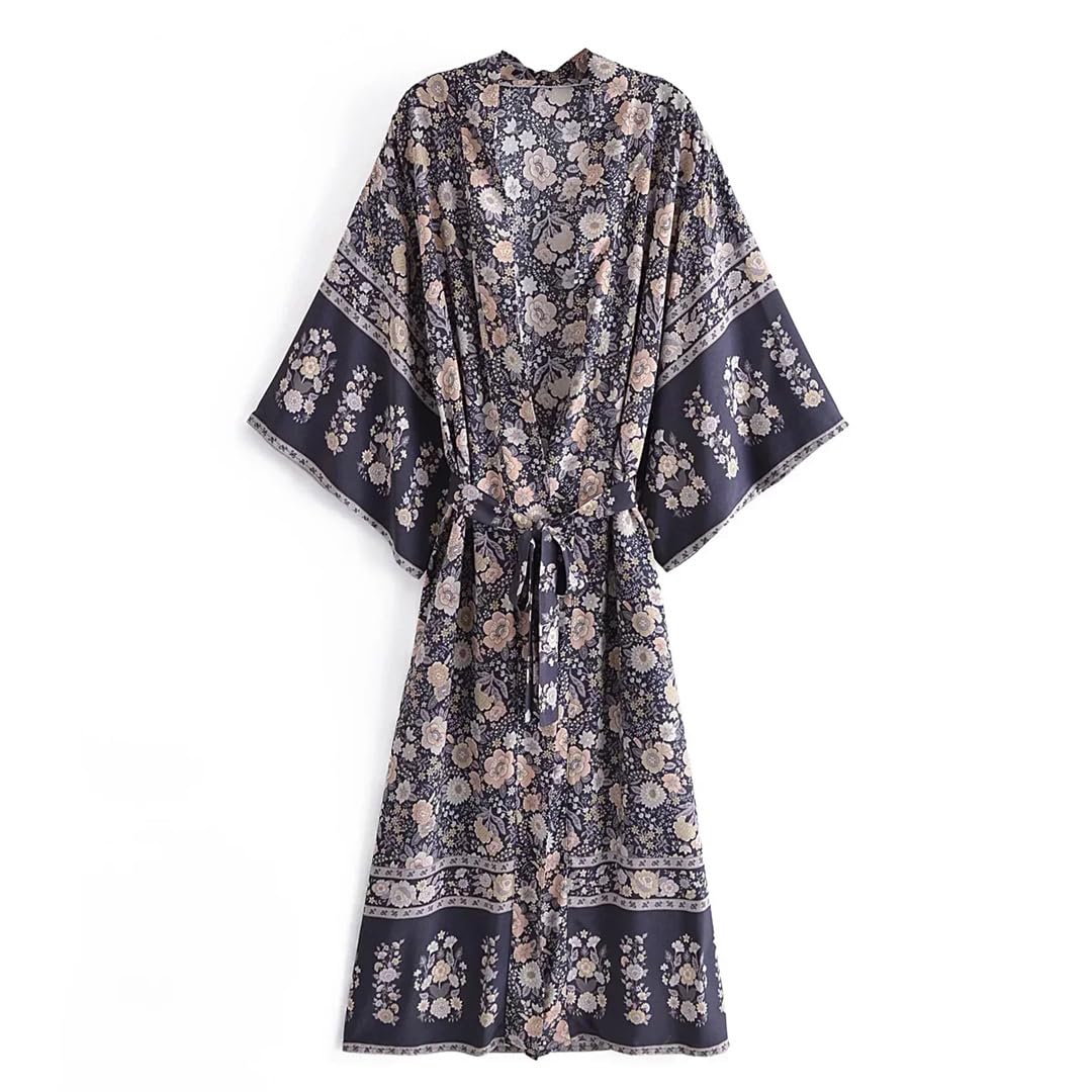 Kimono bohemio con estampado para mujer, cuello en V, mangas de murciélago, bata de bikini