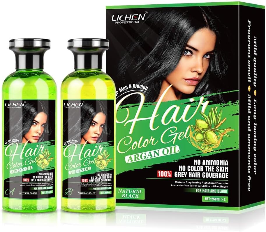 LICHEN PROFESSIONAL HAIR COLOR GEL 250ml NATURAL BLACK, No Color to the Skin! Contains Argan Oil, No Ammonia, Fast Action 100% Grey Coverage, Beard Dye, Natural Black Hair Dye