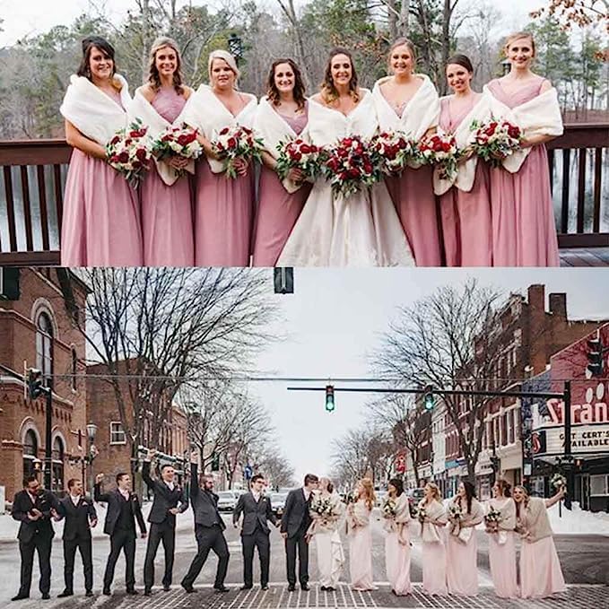 Wedding Faux Fur Shawls and Wraps Bridal Fur Scarf Winter Cape with Rhinestones Brooch Warmer Stole for Women - Image 5