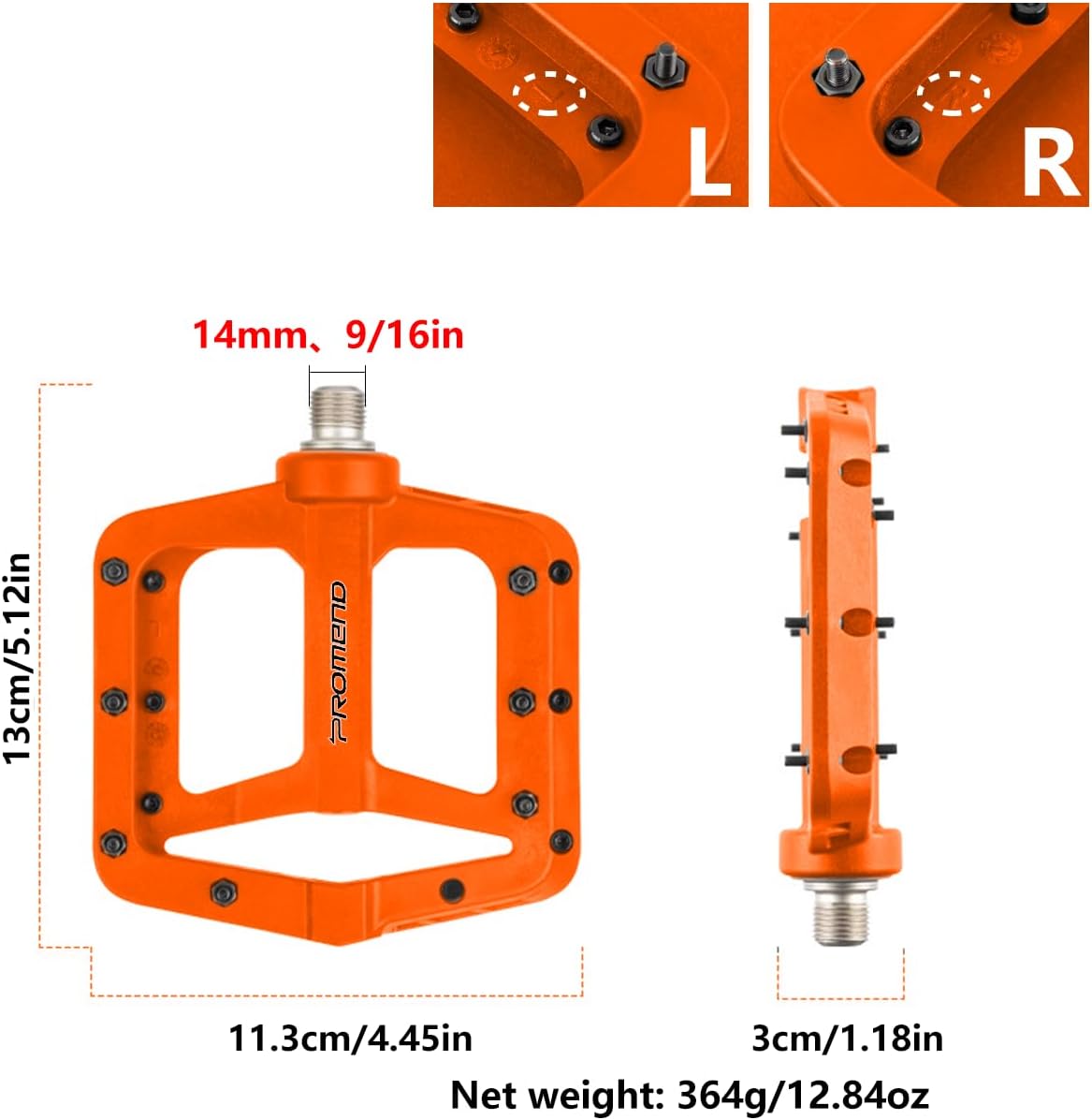 Enlarge Bike Pedals - Nylon Bicycle Pedals, Road Bike Pedals, Mountain Bike Pedal with Removable Anti-Skid Nails - 5.12 * 4.45inch