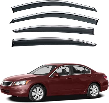 4pcs Smoke Tint with Chrome Trim Outside Mount Tape On/Clip On Style PVC Sun Rain Guard Vent Window Visors Compatible with 08-12 Accord 4-Door Sedan