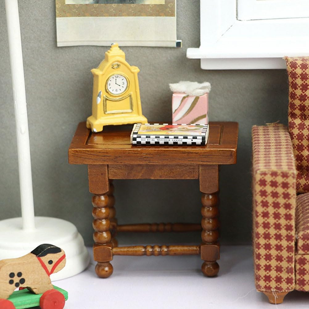 Miniature Wooden Tea Table Model - Dollhouse Furniture Decor, 1:12 Scale Mini House Accessory, Brown, 2.12X1.77X1.53 Inches