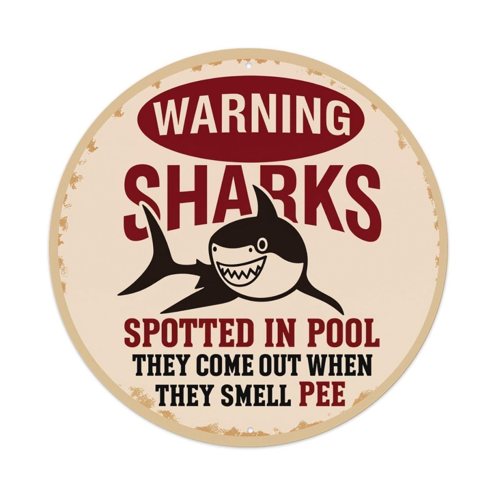 Warning Sharks Spotted In Pool_1 Vintage Metal Tin Sign Retro Wall Decor for Home Bar Garage Cafe, Indoor & Outdoor Decorative，circle Metal Poster, 8x8 Inch