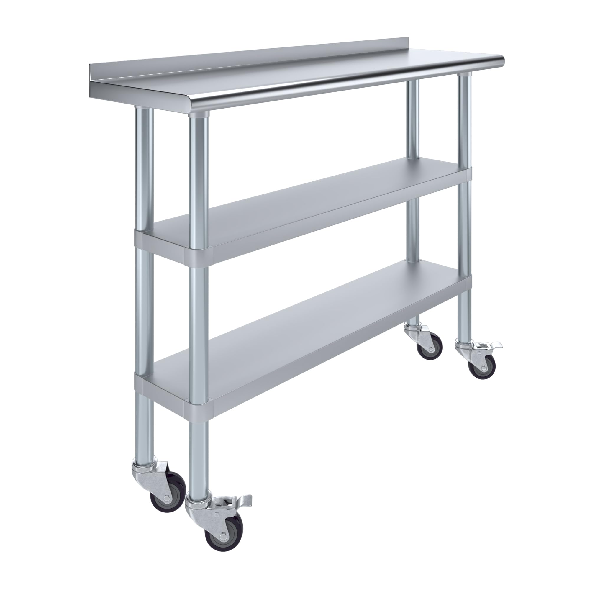 AmGoodStainless Steel Work Table with 1.5" Backsplash and 2 Shelves with Wheels | Metal Kitchen Food Prep Table | NSF (48" Long x 14" Deep)