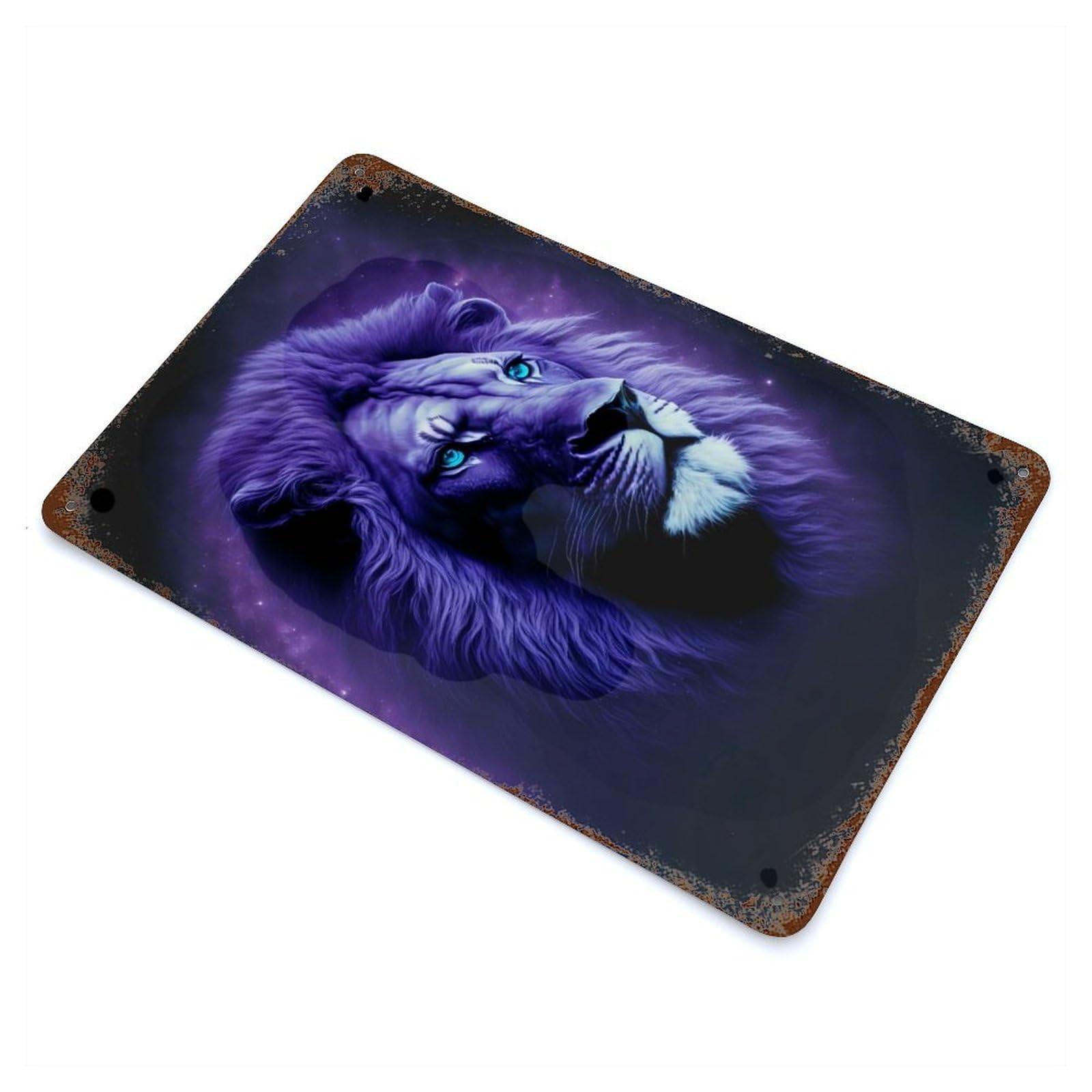 Lion Purple Backgroun Weathered Tin Sign 11.8"x7.9", Shabby Chic Decor for Garage, Pub Or Kitchen