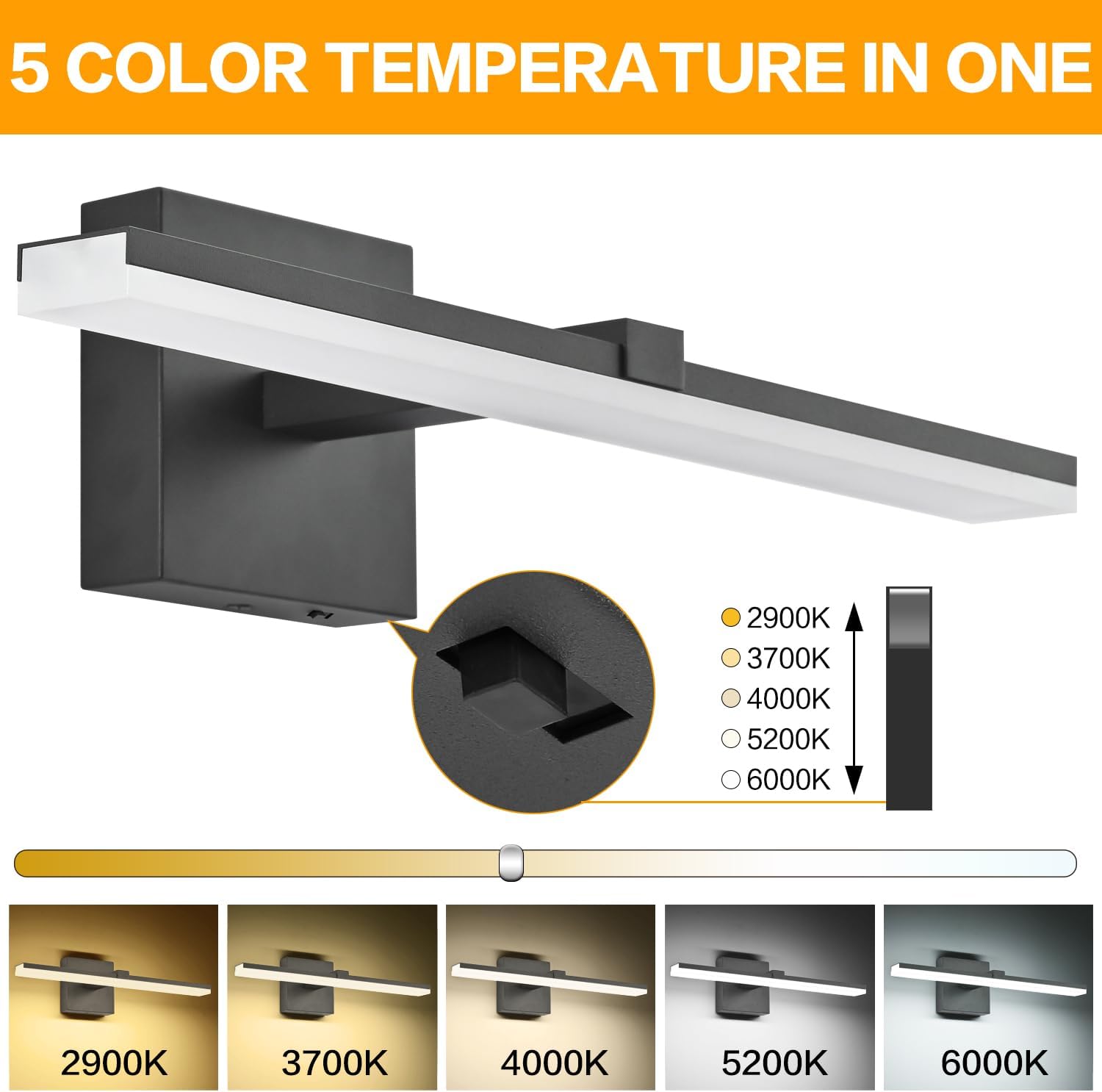 ZUZITO Modern Vanity Lights for Bathroom 18in Black Bathroom Light Fixtures Over Mirror 14W Bath LED Light 5CCT Dimmable