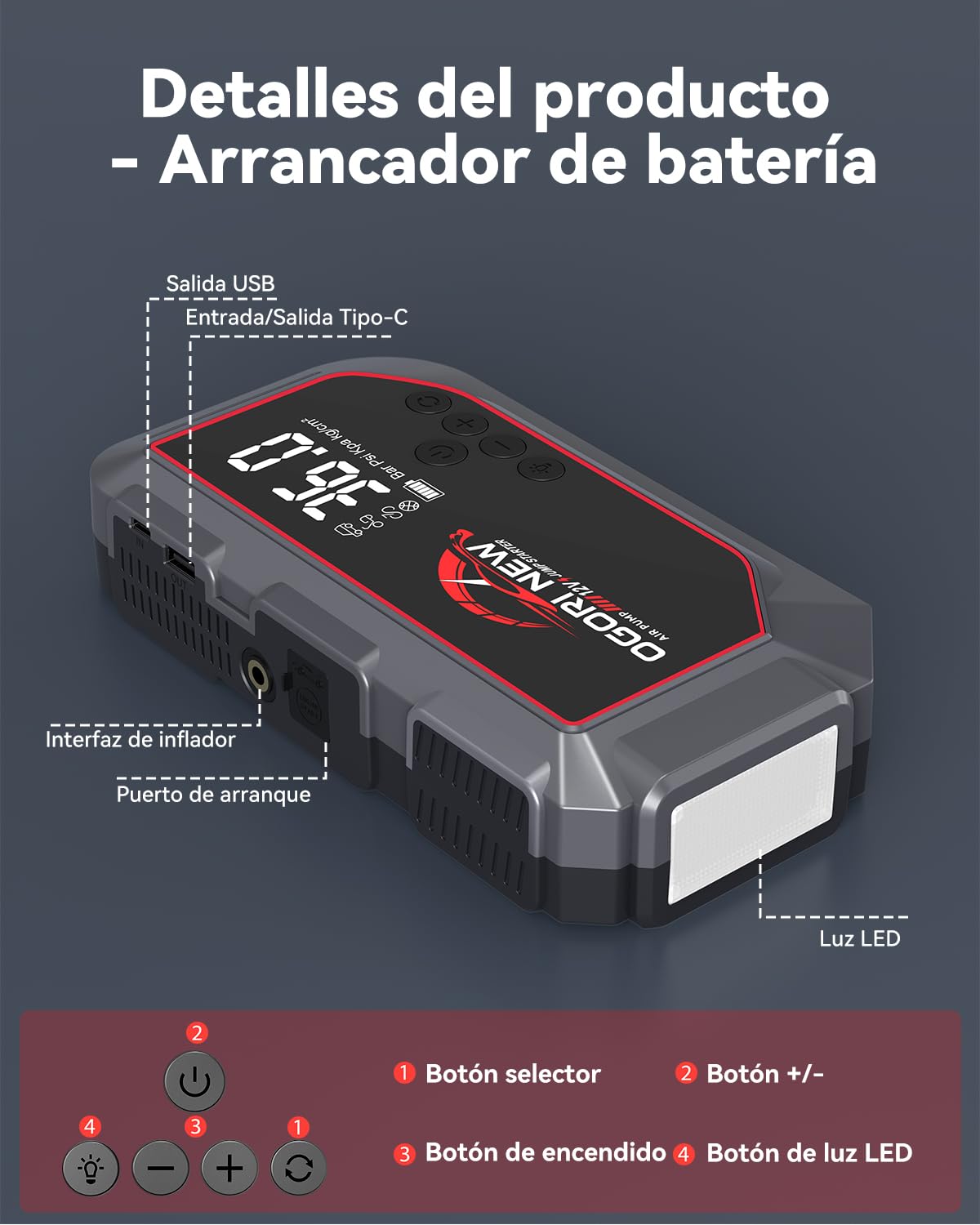 Arrancador de Baterias de Coche 8000A,Arrancador de Coches con Compresor de Aire 150PSI, 12V Arrancador Coche para Vehículo (10L Gasolina/8L Diésel),Jump Starter con Pantalla LCD,Linterna LED