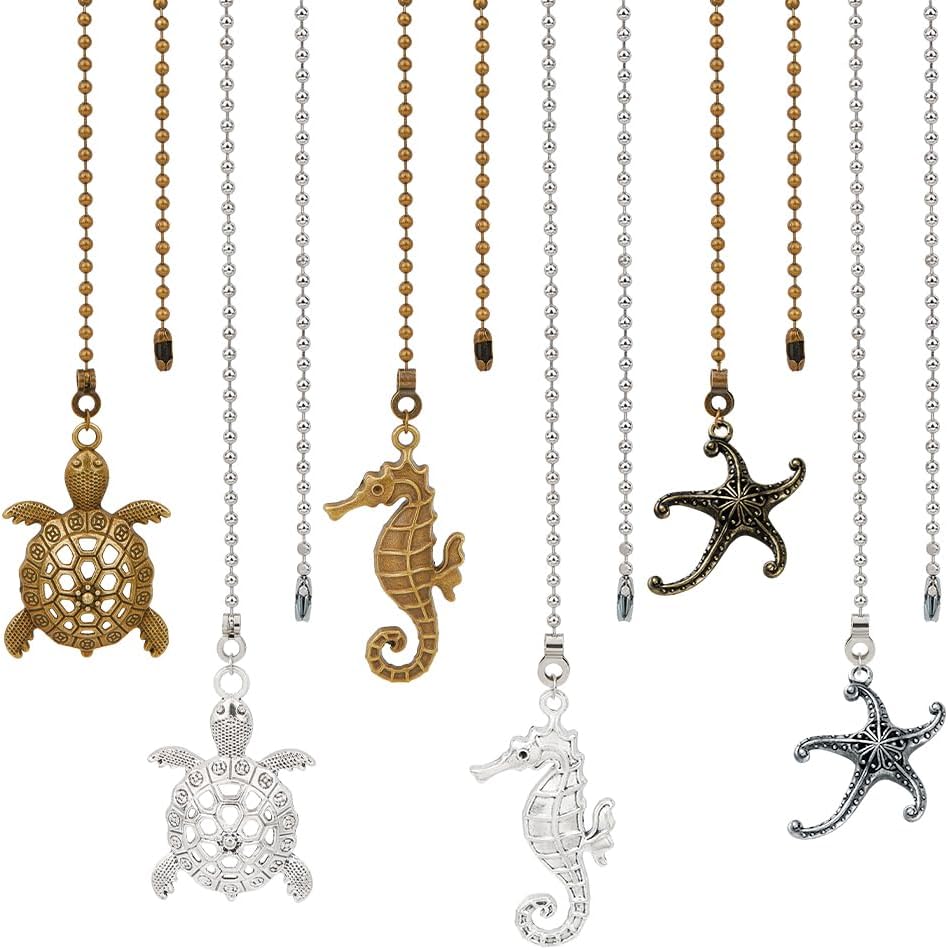 BENECREAT 6 Styles Ocean Theam Ceiling Fan Pull 14 Inch Long Chain Extension Turtles Seahorses Mermaids Pull Chain Extension Ball Chain Connector for Bathroom Toilet Light