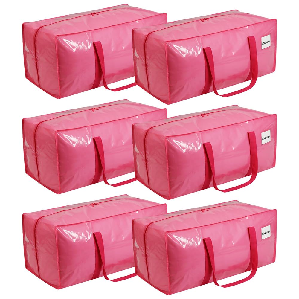 87L Aufbewahrungstasche, Heavy-Duty Umzugstaschen mit Reißverschluss und Griff, Wasserdicht Umzugskartons groß, Faltbar Umzugstaschen für Bettwäsche, Bettdecken & Kleidung (6 Pack-Pink)