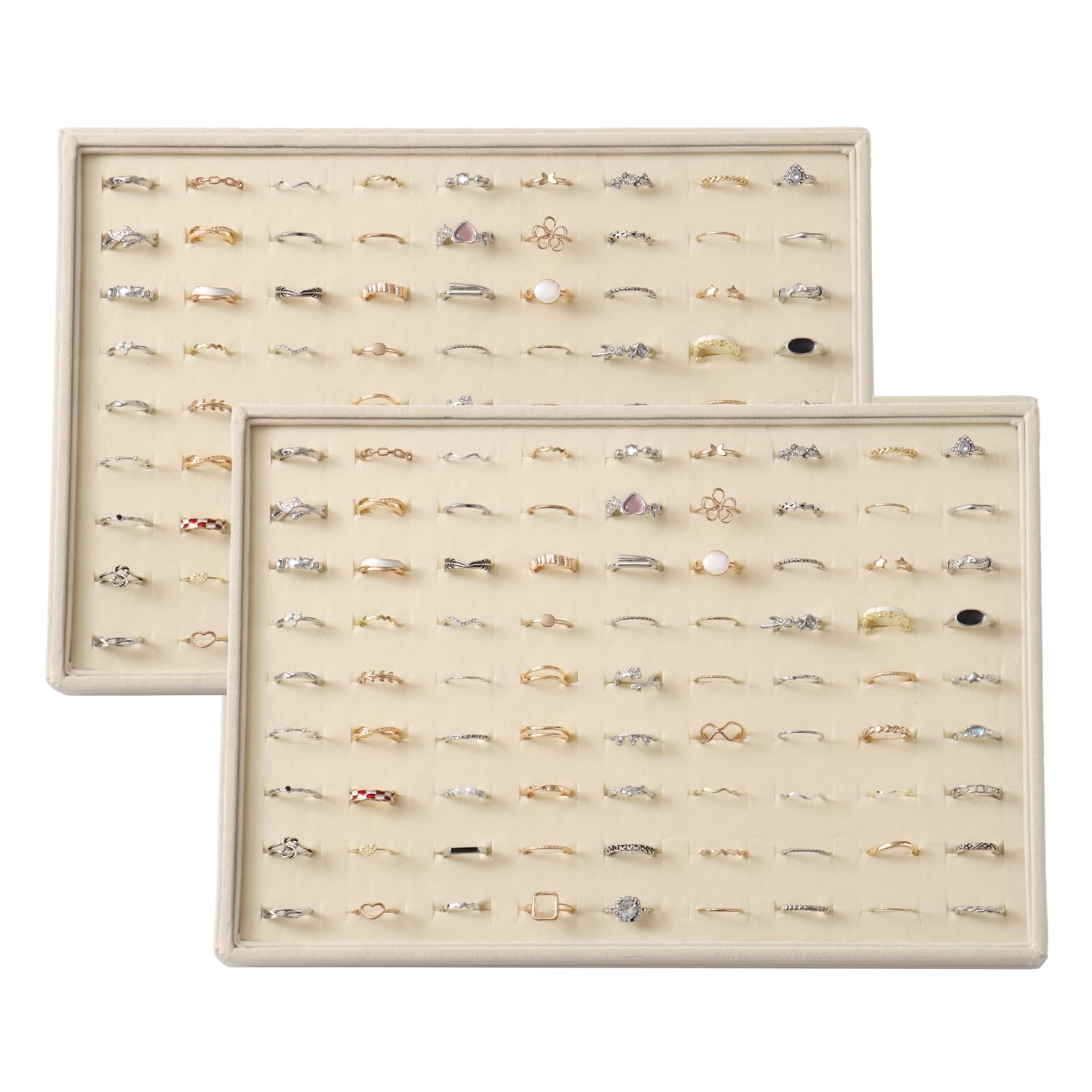 KATISYIO Large Velvet Jewelry Tray 2 Pack Stackable Jewelry Display Drawer Inserts Trays Organizer for Earring Bracelet Necklace Ring (Beige, Ring 81