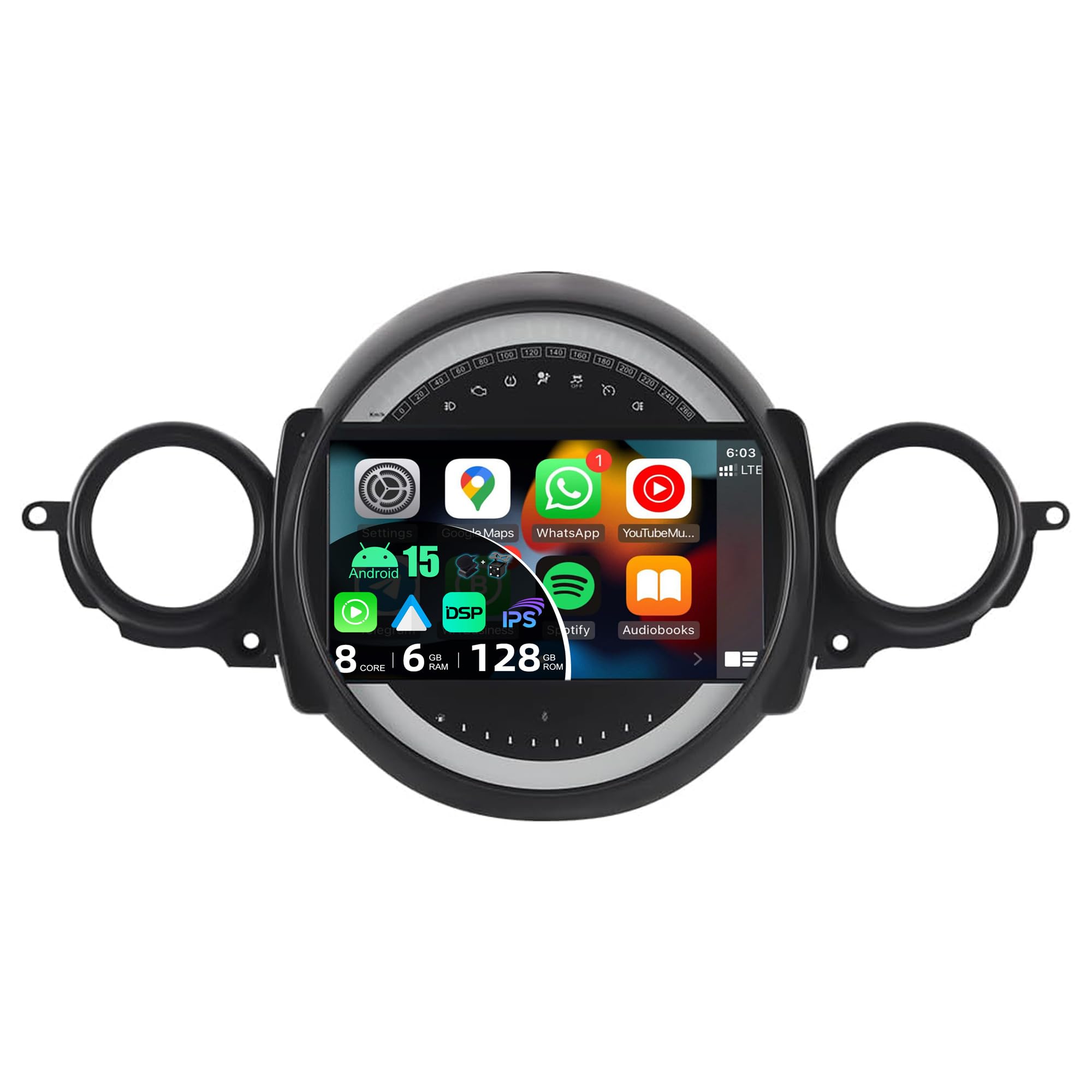 [6G+128G, Octa-Core] - Android 15 Autoradio Per BMW Mini Cooper R55 R56 (2007-2013) Radio GPS Navigation - CarPlay Android Auto - Camera & MIC - DAB Volante 360-CAM WiFi IPS 9 Pollice 2 Din