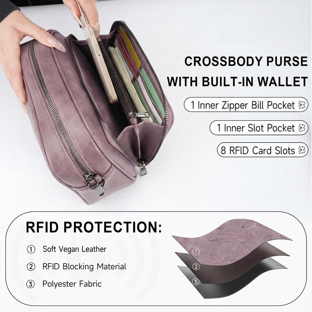 BELTANA Women's Vegan Leather Crossbody Purse with Built in Wallet, Butterfly Trendy Shoulder Handbag with Adjustable Strap | Smooth Zipper, RFID Blocking, Multiple Pockets, Anti Theft, Gift, Travel