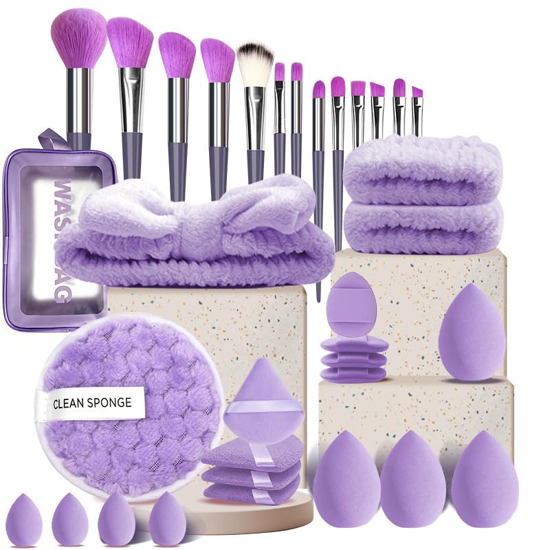 34 piece makeup tool set including makeup egg, powder puff, hair strap, makeup brush, storage bag, complete set of portable home travel makeup tools (purple Set)