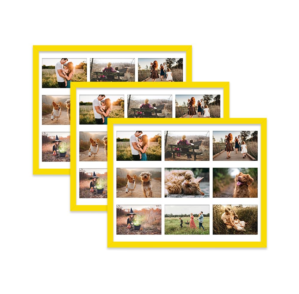 Yellow Multi Photo Frame - Holds 9 x 6x4 Pictures, Family Collage Picture Frame for Wall Display, 20x16 Frame size, Set of 3