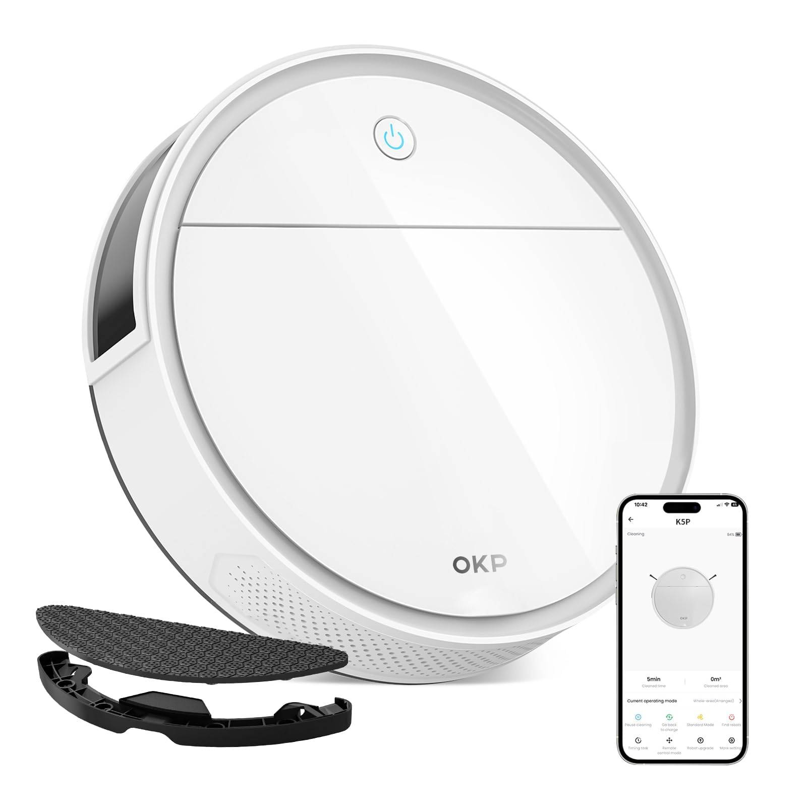 OKP Life Robot Vacuum and Mop K5P Pro 2-in-1, 5000Pa Suction Robot Vacuum Cleaner, Self-Recharging, Wi-Fi/APP/Alexa/Remote Control, Ideal for Hard Floors &amp; Pet Hair