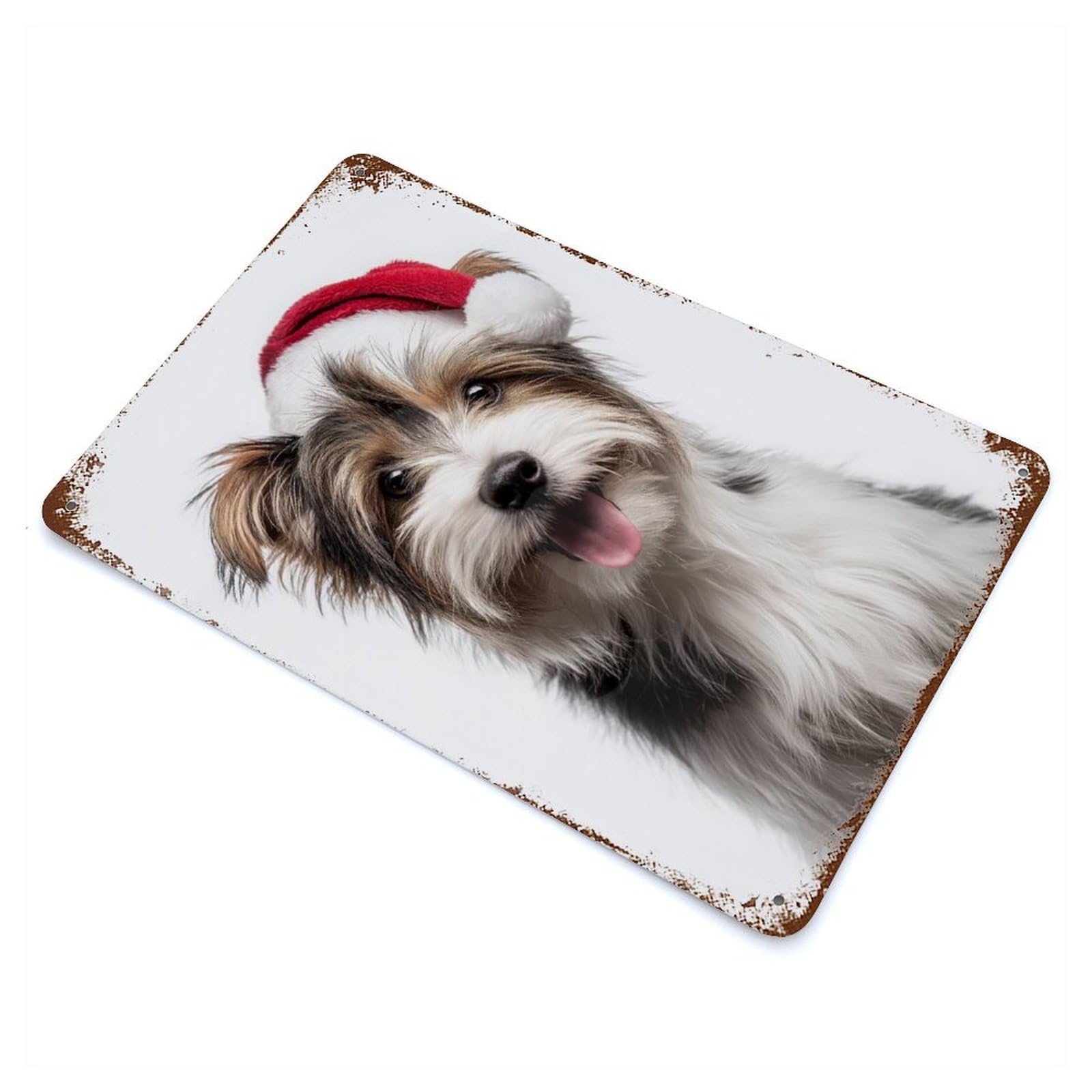 Cute Biewer Terrier Dog with Santa Hat Rustic Tin Plaque 11.8"x7.9", Ideal for Shed, Workshop And Garage Wall Decor