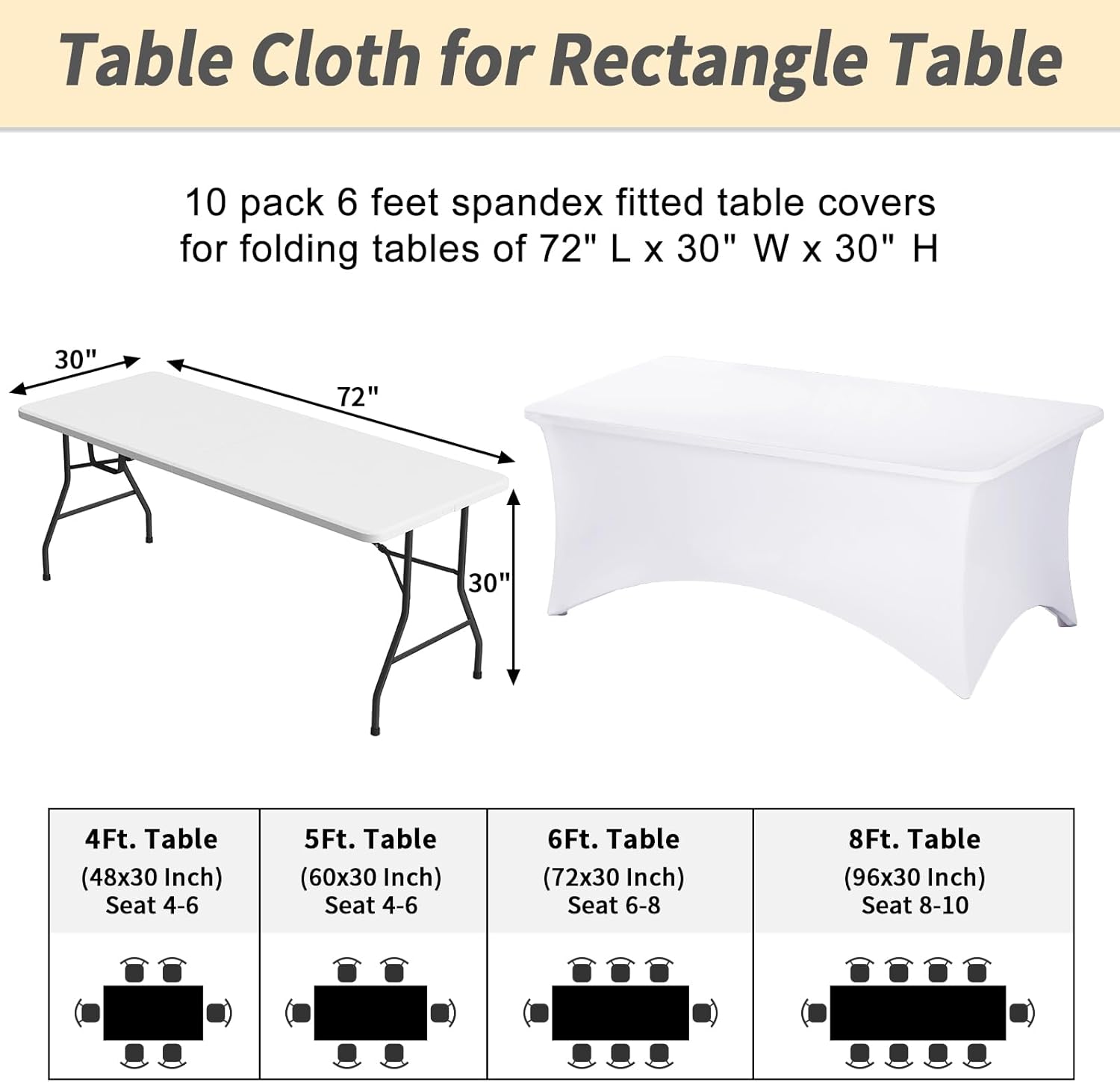 Fixwal 10 Pack 6Ft White Table Cover, Spandex Fitted Tablecloths Rectangle, Wrinkle-Free and Stretch Folding Table Cloth for Banquet, Wedding, Party, Trade Show