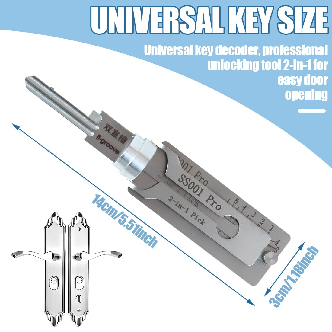 Llave universal para cerraduras Kit de decodificación para llaves maestras de acero inoxidable, herramienta 2 en 1, para abrir fácilmente puertas, varias formas, SS002 PRO