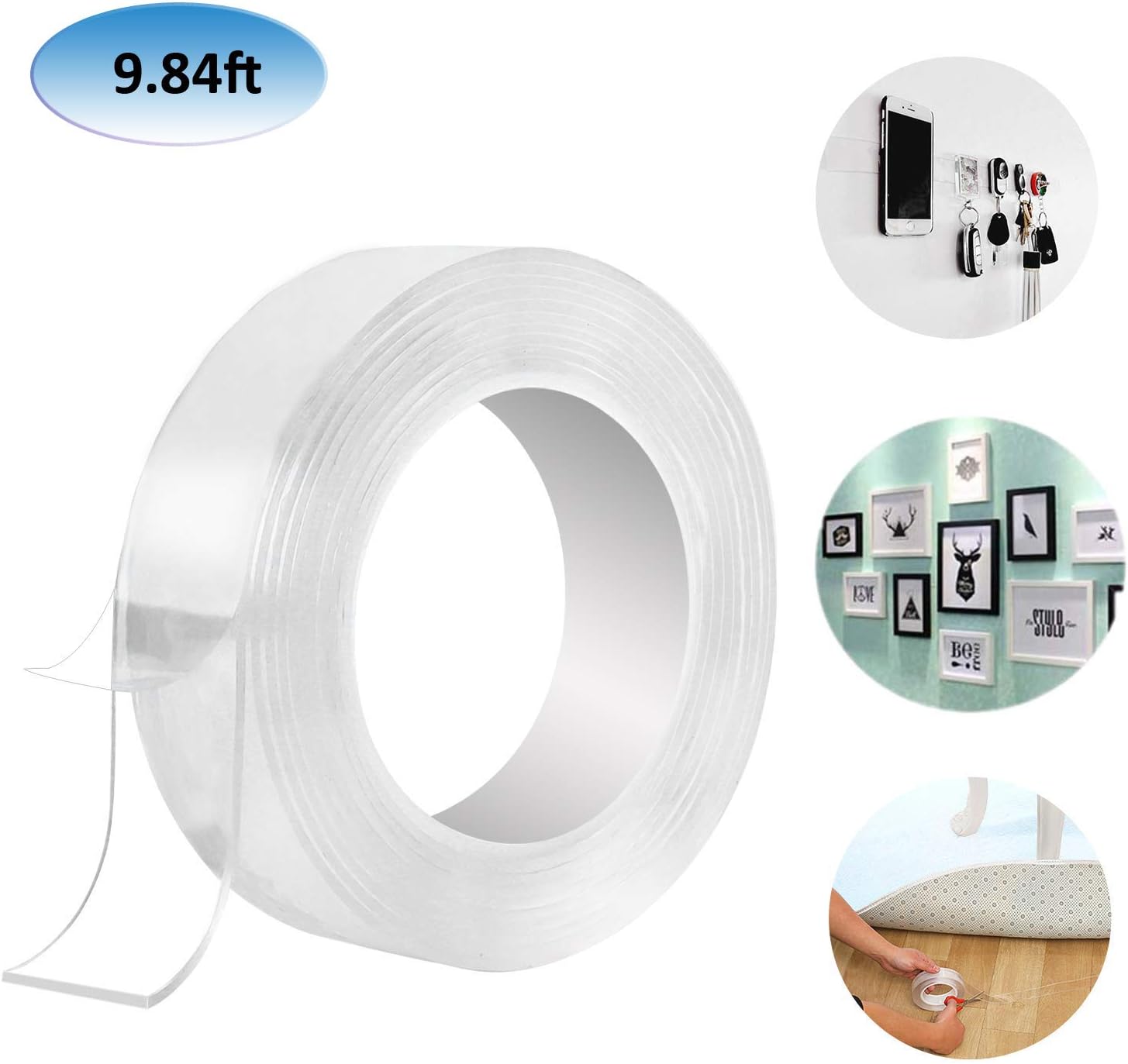 Stggo Nano Gel Grip Tape, Traceless Reusable Washable Removable Double Sided Adhesive Tape Anti Slip Sticky Carpet Tape Clear Wall Gel Tape for Fixing Pictures Posters (1.2inx3m)