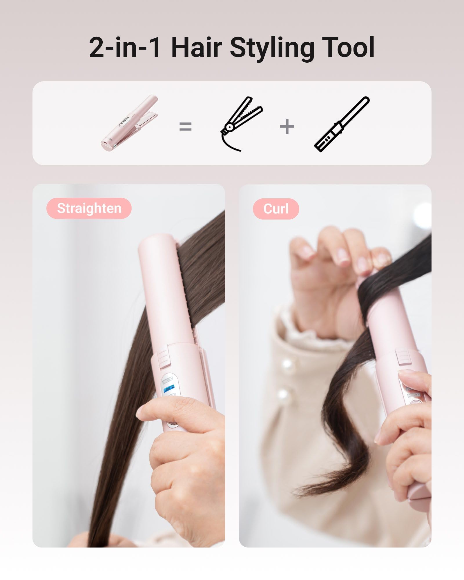 XCOOL Cordless Hair Straightener and Curler 2 in 1, Mini Curling Iron Straightener Combo with 5000mAh Battery, Portable Ceramic Flat Iron for Travel, USB-C Rechargeable, 15s Fast Heating, Pink