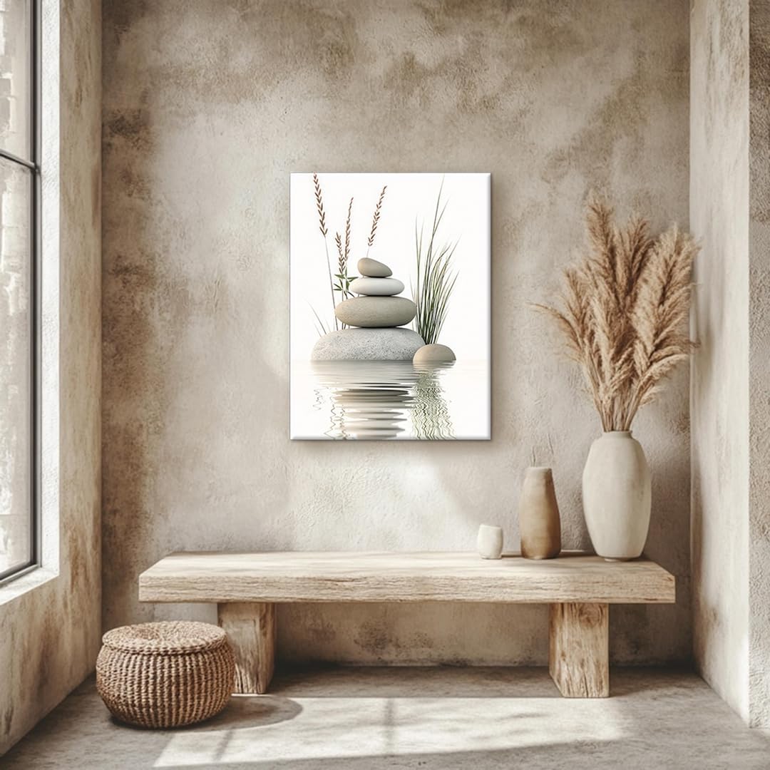 Zen Stone Canvas Wall Art Neutral Stacked Stones in Water with Wild Grass Painting Minimalist Zen StoneTranquil Spa Yoga Meditation Poster Print for Bathroom Bedroom Wall Decor Ready to Hang 16x24in
