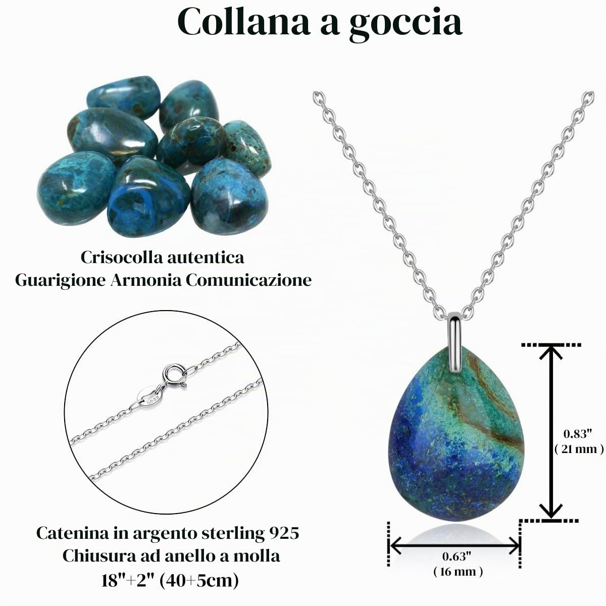 COAI Collana da Donna Catenina Argento 925 con Ciondolo in Crisocolla, Collana Pietre Naturali Donna