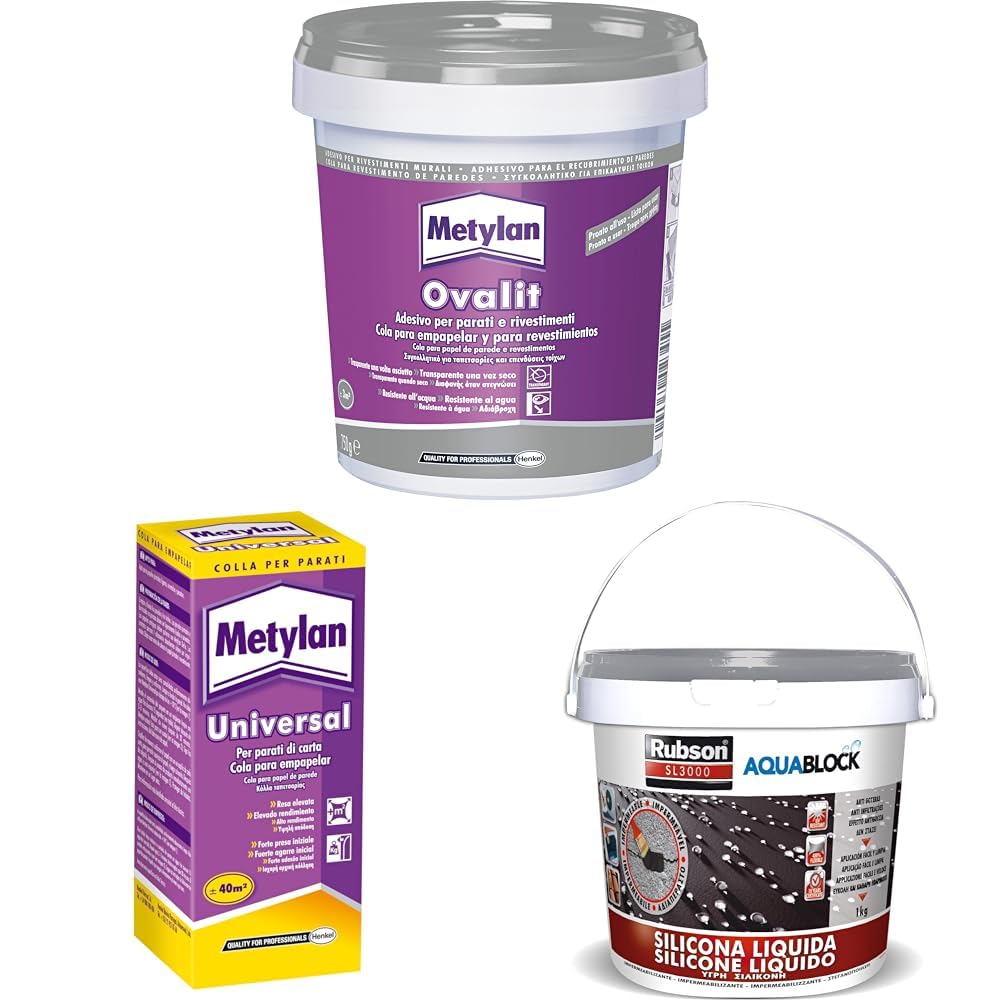 Metylan Ovalit, Adesivo Bianco in Pasta per Parati, Tessuti Murali, Juta, Fibra di Vetro, Fogli di Plastica Metallizzati, Fogli in PVC con Retro in Tessuto, Trasparente da Asciutto, Secchio da 750g
