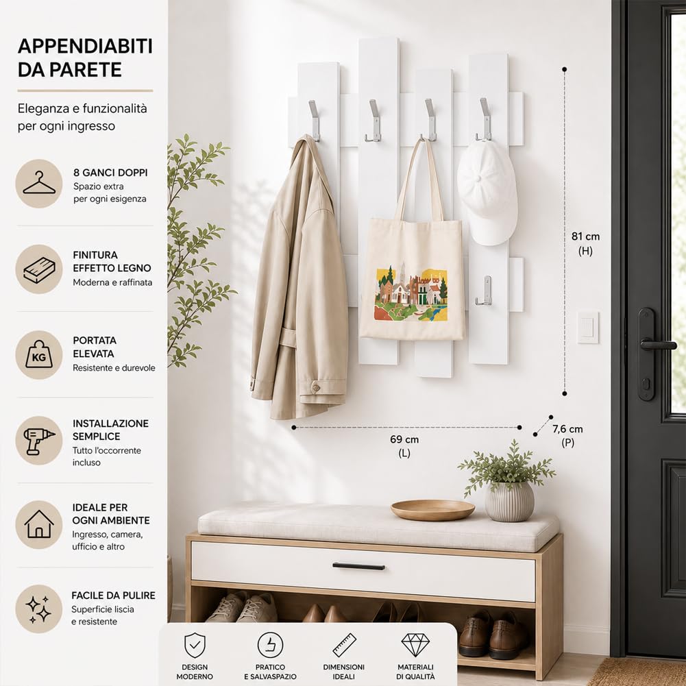 Shally Dogan Appendiabiti da Muro con 8 Ganci Doppi Resistenti, Attaccapanni Montaggio a Parete Resistente Alta Capacità in Legno, Design Moderno, Ideale per Ingresso Casa e Ufficio (Bianco)