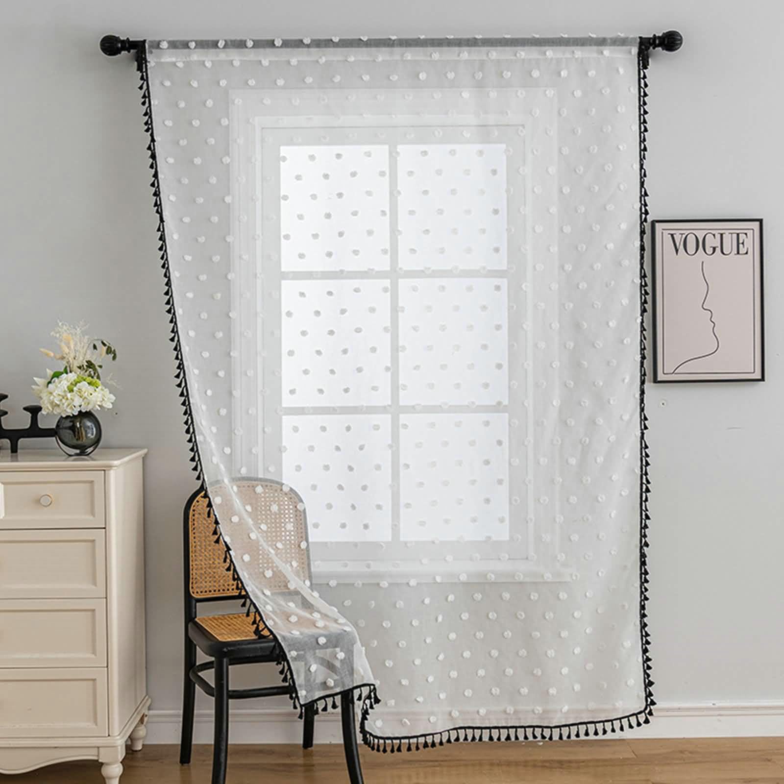 Gualiy Tende per Salotto Trasparenti, Tenda Camera Finestra 2 Pezzi 100x200CM con Pompon e Nappe Tenda Finestra Bianco Nero Tenda per Finestre a Vetro