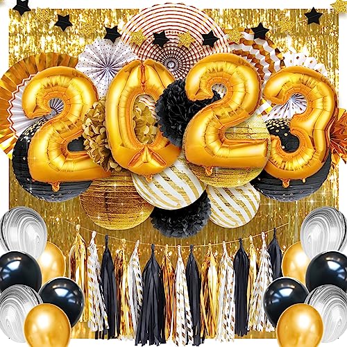 NICROLANDEE Black Gold Party Decorations - 49PCS 32 Inch Gold Balloons Metallic Backdrop Paper Lanterns Tissue Pompoms Paper Fans for Birthday, Wedding, Graduation Decor, Prom Decorations, 2023 Party