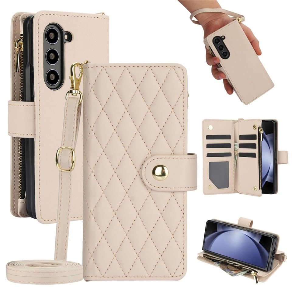 Étui Galaxy Z Fold 6 beige anti-choc protégeant l'écran avec rabat cuir