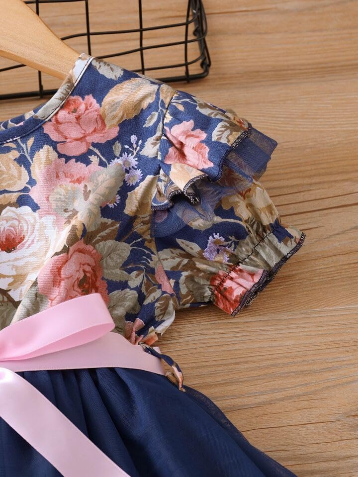 Image of TAGAS Floral Print Mesh Insert Ruffle Trim Belted Dress||Frock for Girls||Sleeve Less Dress for ||Fency Dress||(KD-144)