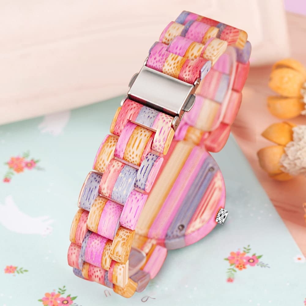 Tiong Orologio da donna in legno di bambù colorato, classico, al quarzo, in legno, analogico, al quarzo, per donne, Wq1066 colorato, Retrò