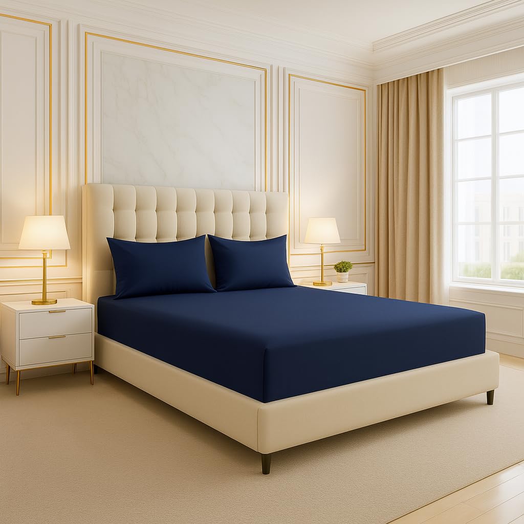 Fitted Sheet King Size Bedding Premium Quality Elasticated Corner Deep Fitted Sheet 25cm Ease Care, Soft & Comfortable, Fade Resistant Plain Poly cotton Bed Sheets 152 x 200 (Navy Blue, King)