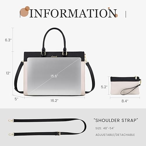 Miniatura 3 de LOVEVOOK Bolsa para laptop para mujer, bolsa de trabajo para laptop de 15.6 pulgadas, maletín grande de cuero impermeable para oficina, beige y negro
